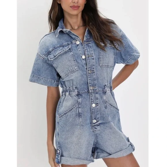 We The Free Marci Denim Romper Shortalls Womens Sz XS Boho Festival Free People - Picture 1 of 8